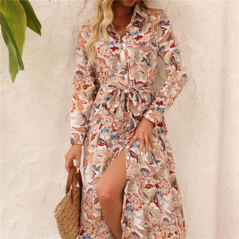 Dámské jaro léto retro květinový límec s dlouhým rukávem košilové šaty se zavazováním