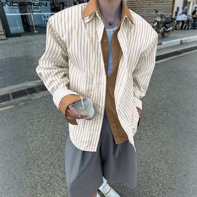 Men's Lapel Long Sleeve Fake Two-piece Striped Print Button Up Shirts Tops