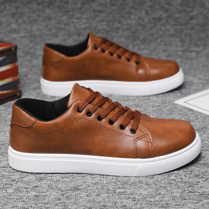 Trendy Lace-up Walking Shoes Spring Anti-slip Comfortable Vulcanized Shoes Classic Men Leather Shoes Thick-soled Casual Sneakers