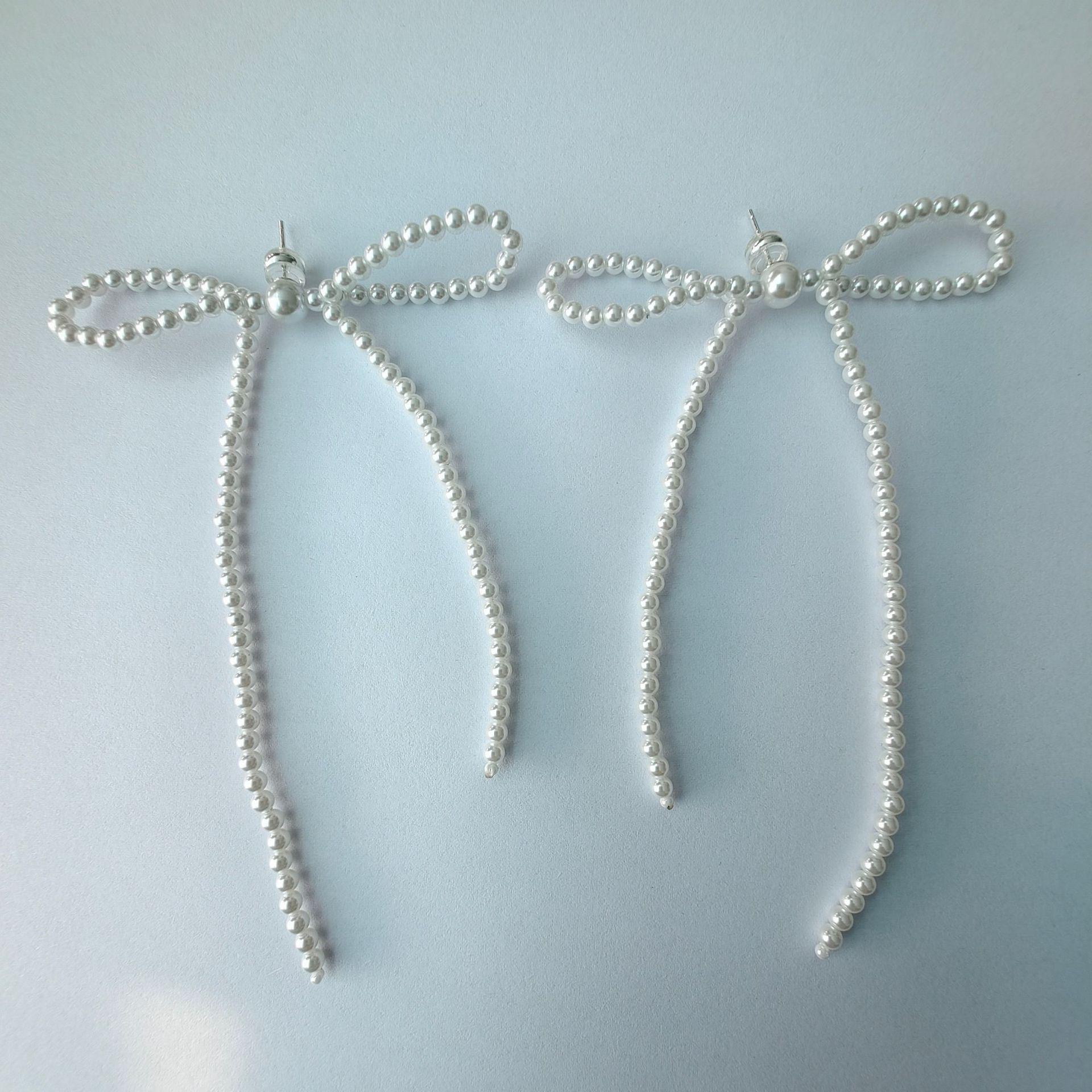 Handmade Pearl Bow Tassel Earrings with 925 Silver Needle for Women 925 Silver белый