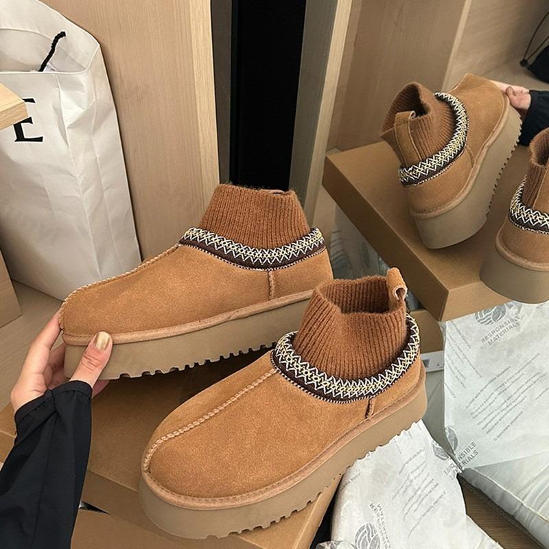 Fashion Women Snow Boots Warm 2025 Winter Knitted Comfortable Non Slip Plush Ankle Boots Platform Round Fashion Short Boots Botas Mujer