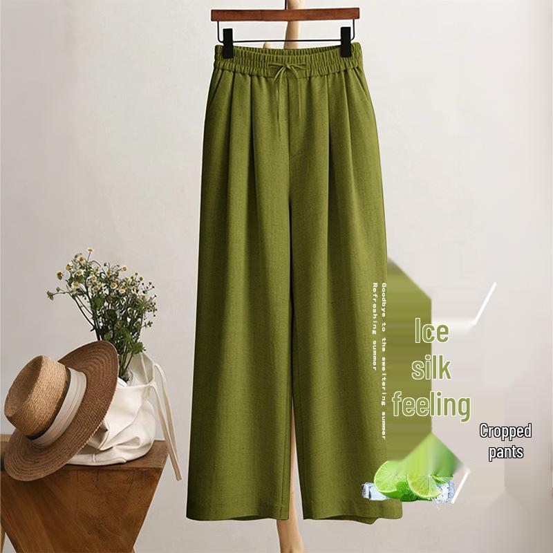 Women's Summer Ice Silk Wide-Leg 3/4 Pants | Petite Casual Elastic Waist Trousers