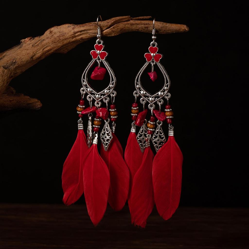 Bohemian Faux Silver Feather Tassel Mosquito Coil Earrings: Summer Retro Ethnic Ear Jewelry