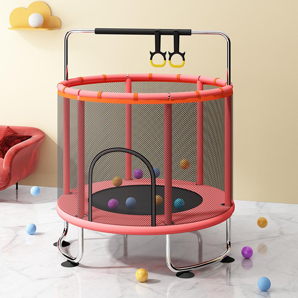 Kinder Trampolin Innen Außen Klein Fitness Trampolin Spielzeug mit Sicherheitsnetz Basketballkorb Gymnastikringe Schaukel für Jungen und Mädchen