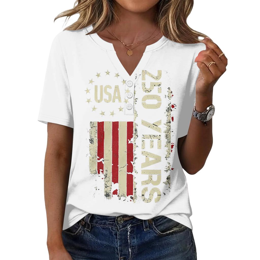 Women V Neck Short Sleeve T Shirt Casual Loose Fit Button Decoration Printed Top for Summer Daily Wear