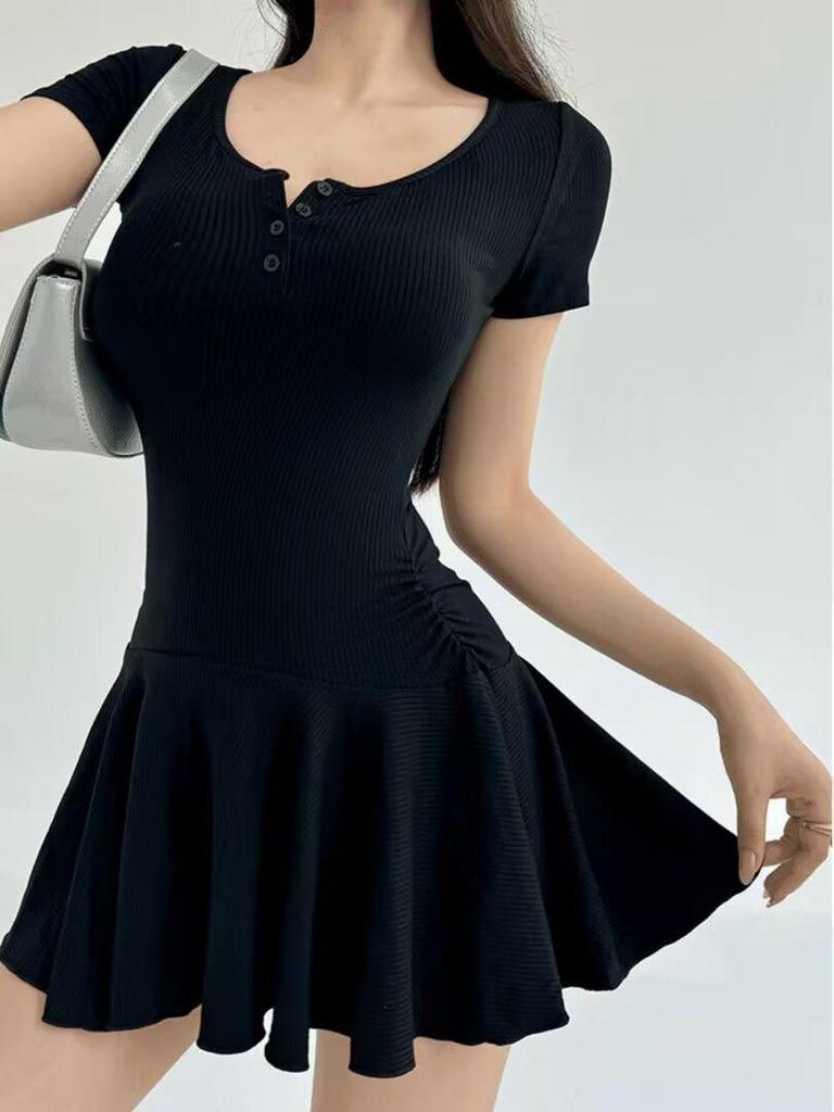 Gray Square Neck Short Sleeve Petite A-Line Mini Dress with Cinched Waist