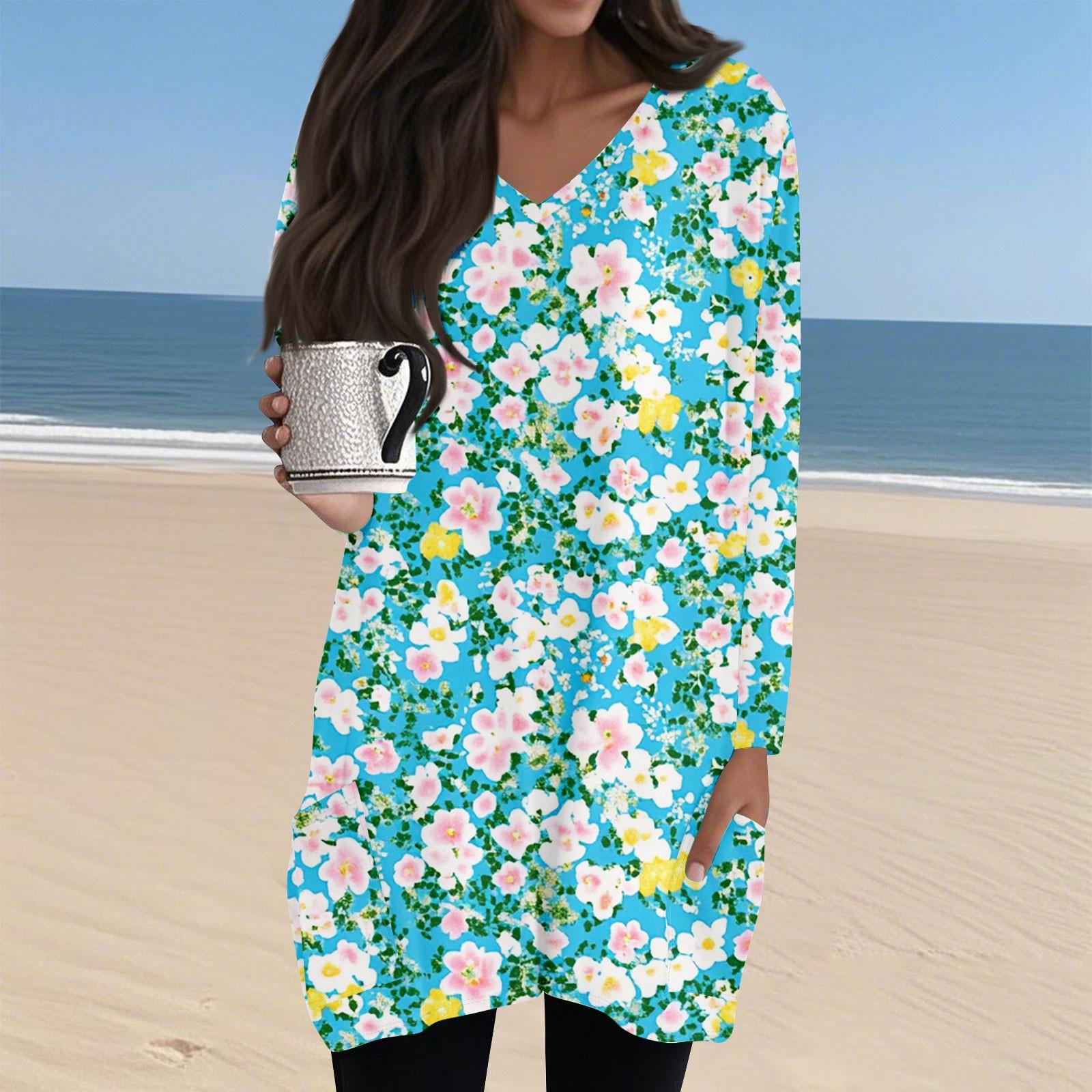 

Женский повседневный и модный топ с V-образным вырезом, цветочным принтом, средней длины, с карманом и длинными рукавами M циан
