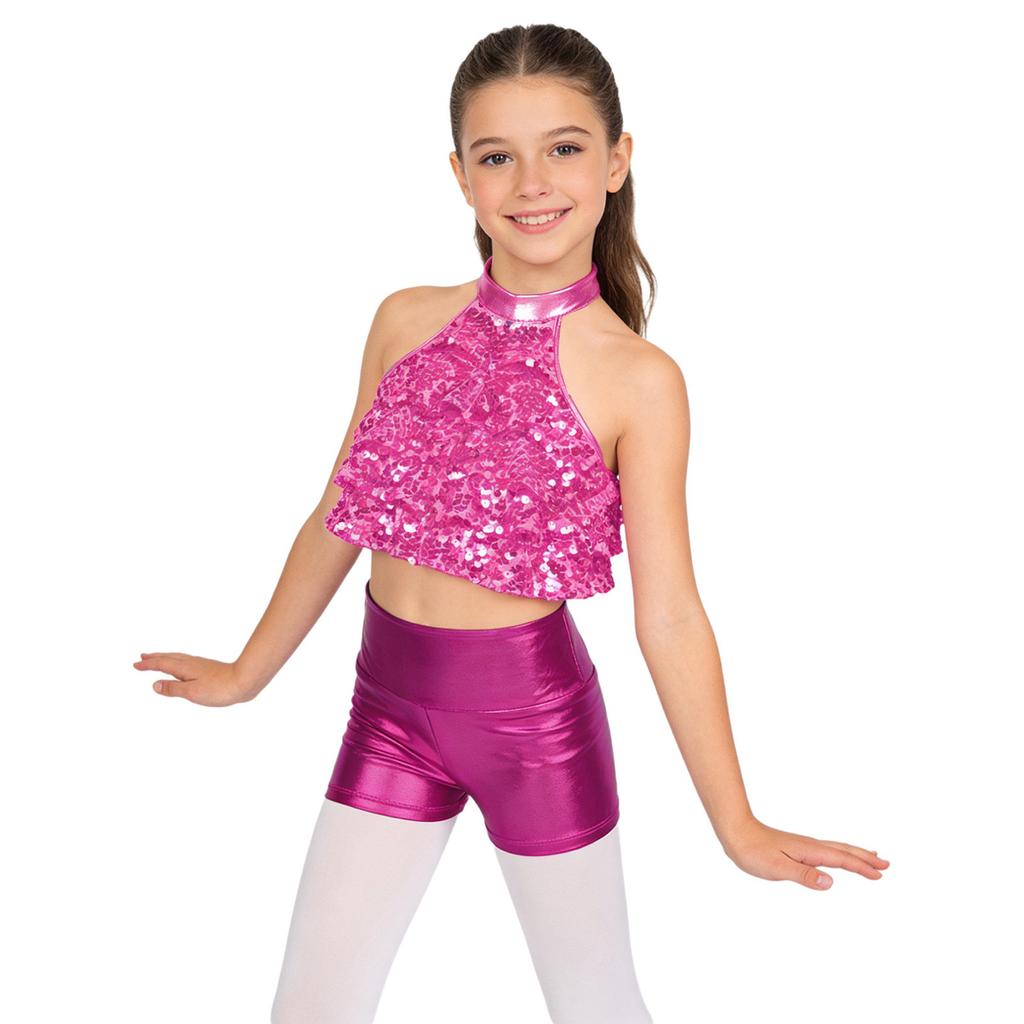 Top Corto da Bambina con Collo Alto Senza Maniche e Paillettes Pantaloncini Stratificati Lucidi Metallici Outfit per Danza sul Palco