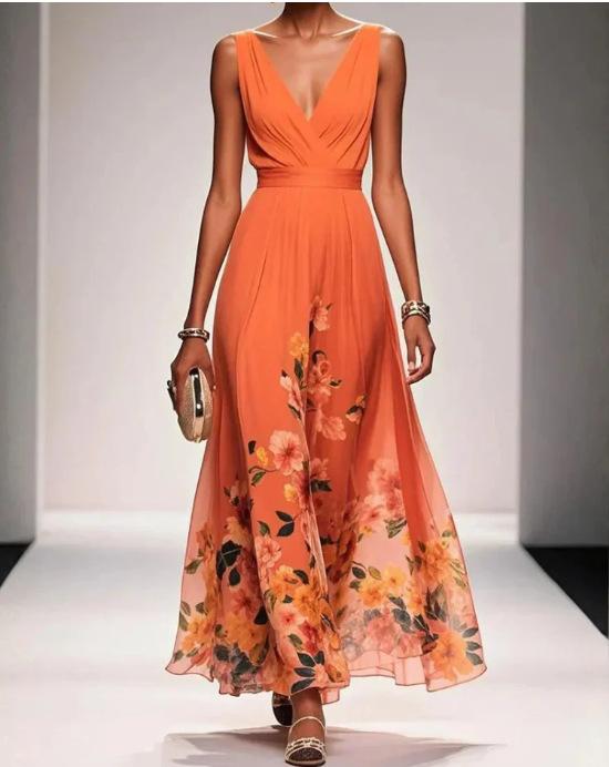 Maxi abito da donna azzurro chiaro senza maniche con scollo a V e stampa floreale