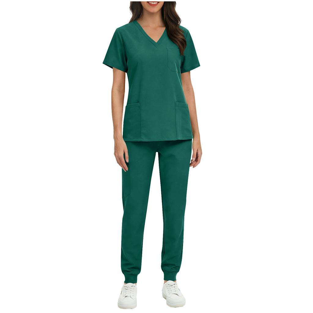 Women's Uniform Quick,drying Fabric Color V,neck Pocket Short,sleeved Trousers Suit Uniform Suit