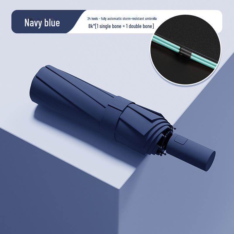Black 16-Bone Automatic Three-Fold Dual-Purpose Umbrella for Sunny and Rainy Days - Large, Reinforced, Anti-Storm Design.
