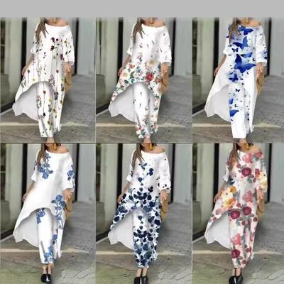 Dames Tweedelige Sets Broekset Onregelmatigheid Ronde Hals Lange Mouw Tops Print Bloemen Splitsing Casual Losse Wijde Pijpen Lange Broek
