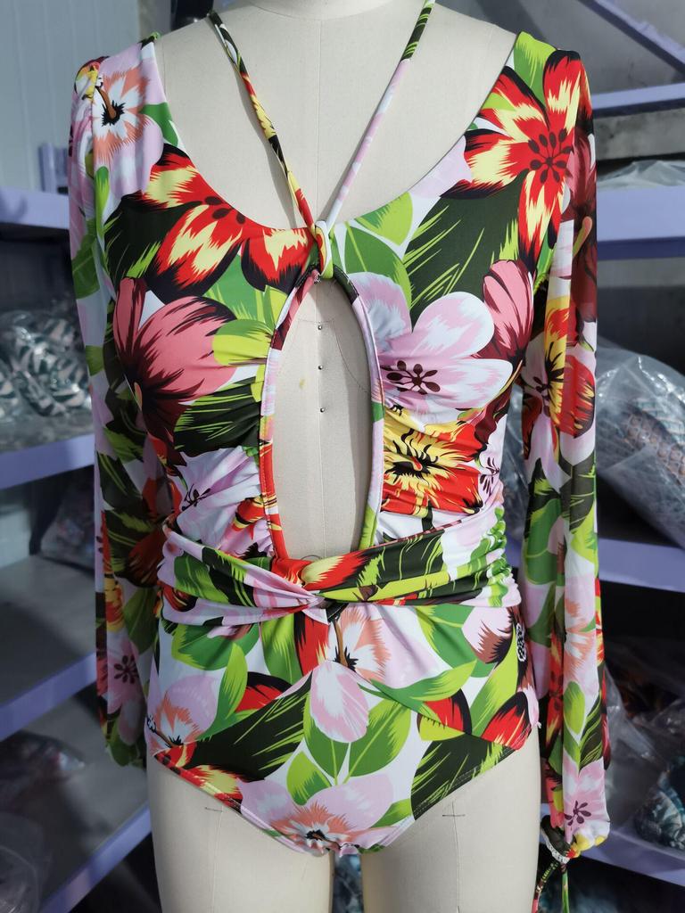 European & American Women's Sexy Gathered Long Sleeve One-Piece Print Swimsuit
