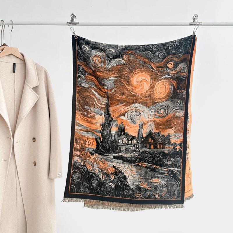 Autumn and winter new double-sided color oil painting series imitation cashmere thickened warm scarf women's air conditioner shawl