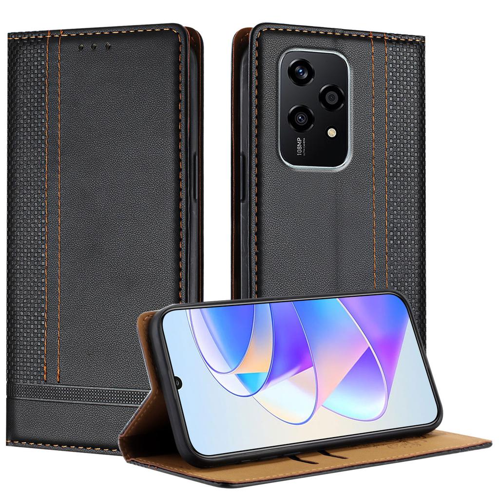 For Honor 200 Lite Case L-Shaped Grid Pattern Leather Stand Phone Cover with Card Slots