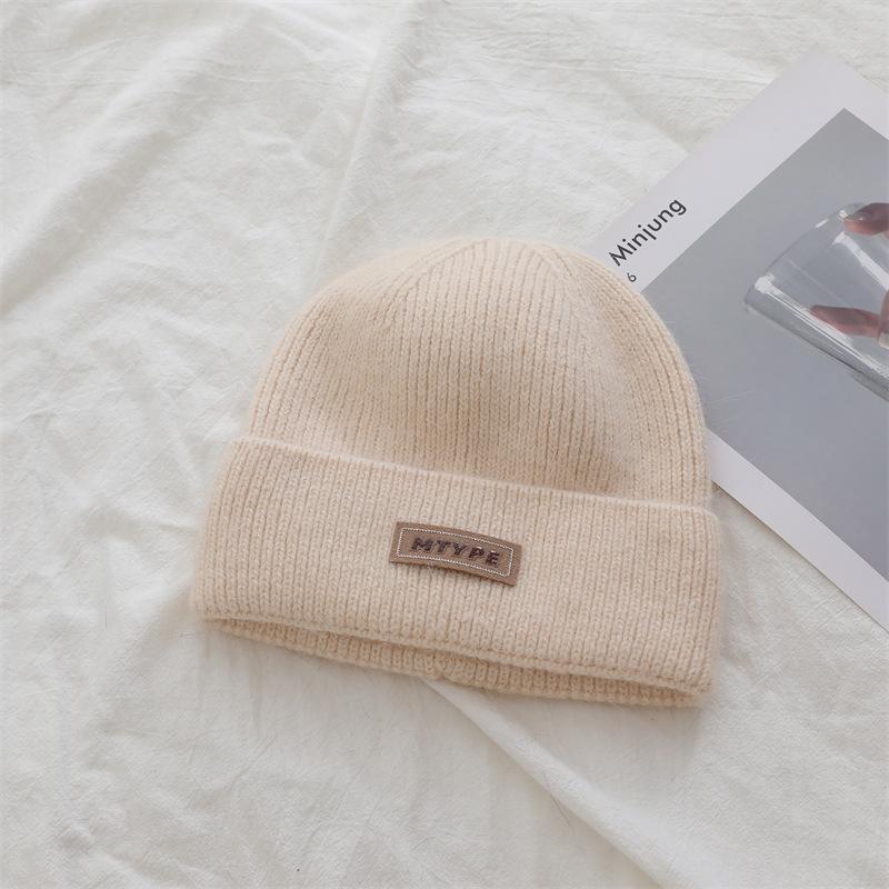 Korean Style Rabbit Fur Knitted Label Hat for Autumn and Winter Thickened To Show Face  Small Ear Protection Couple's All Match Pullover Hat