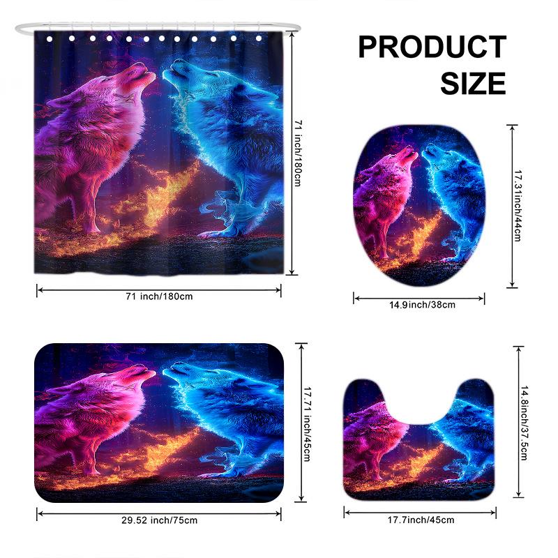 4pcs Twin Wolves Dancing in The Night Sky 2D Flat Printed Shower Curtain Set, Decorating Bathroom Set Includes Shower Curtain