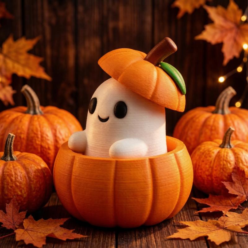 Set Includes a Pumpkin Base,Ghost,And Hat-Creative 1D-Printed Halloween Pumpkin Spirit Figurine.Perfect As a Desktop Decor Piece
