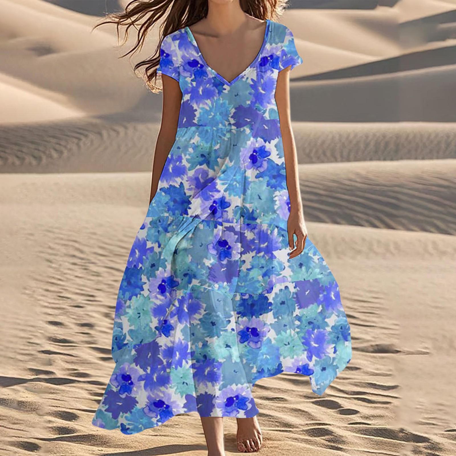 

Женские летние модные пляжные платья с V-образным вырезом и коротким рукавом с цветочным принтом L синий