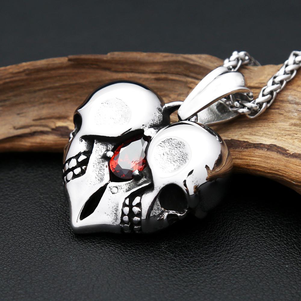 Vintage Stainless Steel Love Heart Skull with Red Gemstone Pendant Necklace for Men Women Fashion Punk Jewelry Gift Dropshipping