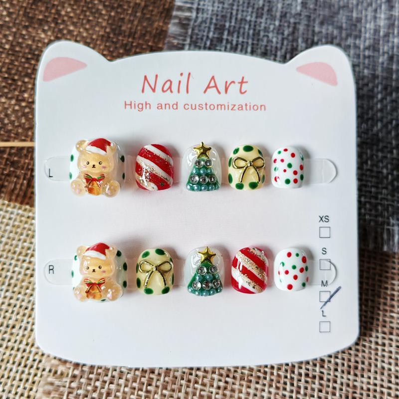 Handmade Wearable Christmas Bear Nail Stickers for Kids Ages 3-12 - Cute Cartoon Design