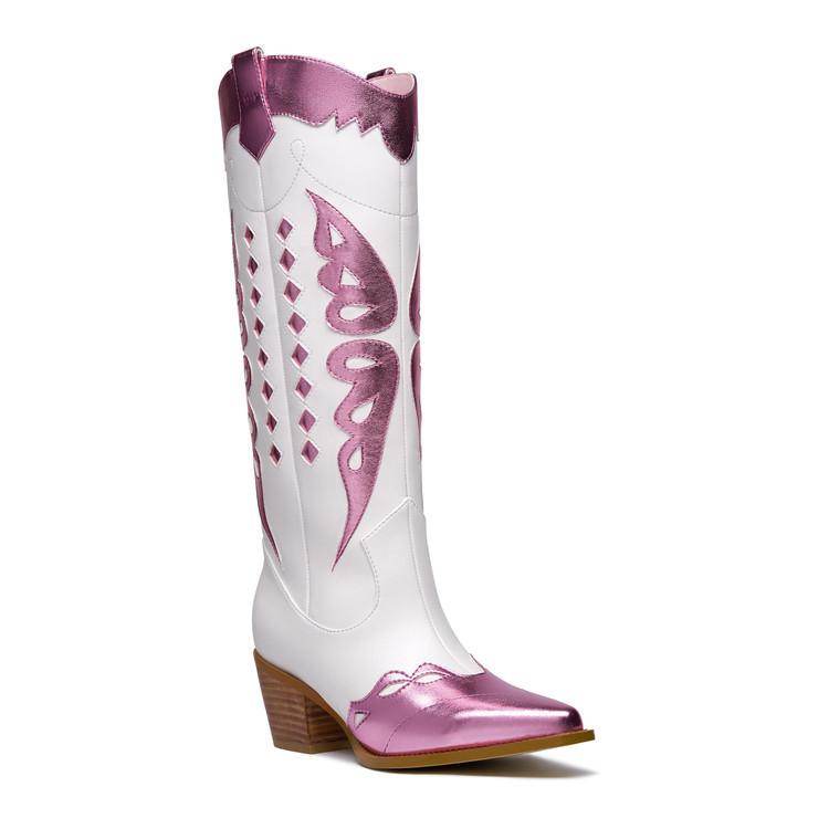 European and American new thick heel pointed head color matching embroidered western boots V mouth but knee high heel sleeve western boots women