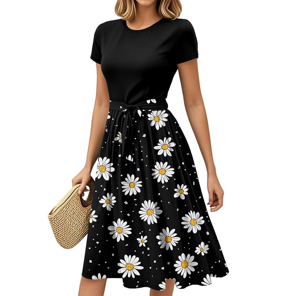 Dámská móda Ležérní pásek Krátký rukáv Kulatý výstřih Geometrický potisk Prošívaný Elegantní temperament Šaty