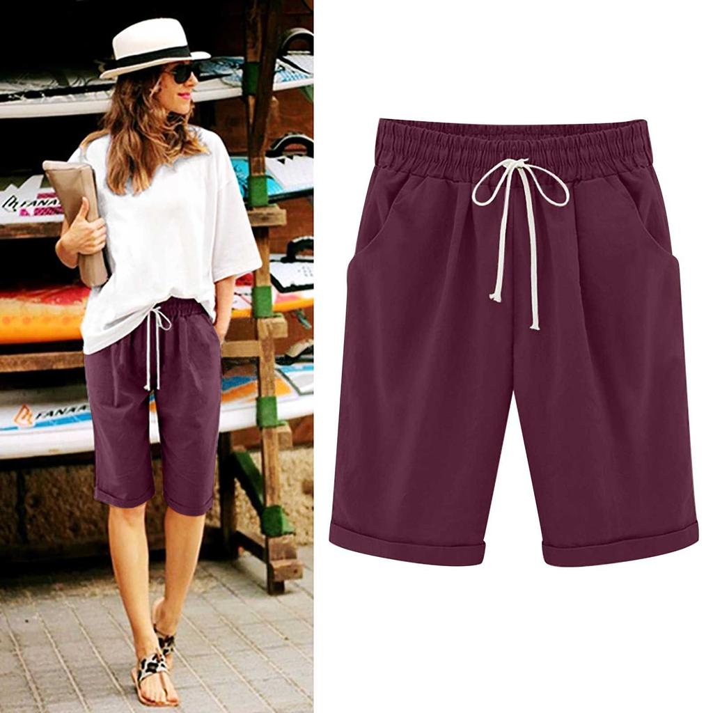 Women's Casual Loose Beach Pants Solid Color Loose Casual Fifth Pants Pockets  Linen Shorts