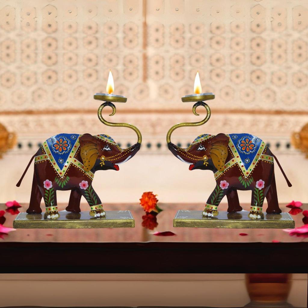Elefantljusstakar i metall Set om 2, Heminredning - Presentartikel, Dekorativ elefantprydnad för bordsdekoration