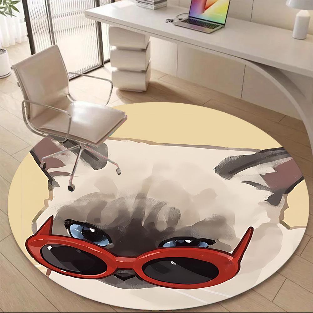 1PC Cat Sunglasses Office Round Area Rug, Mat Suitable ForOffice, Under Office Chairs Bedroom Living Room Home Decor, Room Deco