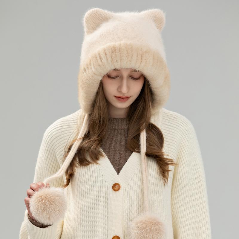 Luxury Women's Hand Knitted Adjustable Winter Beanie Mink/Fox Fur Lined Thermal Ear Protection Fashionable Functional Earmuffs