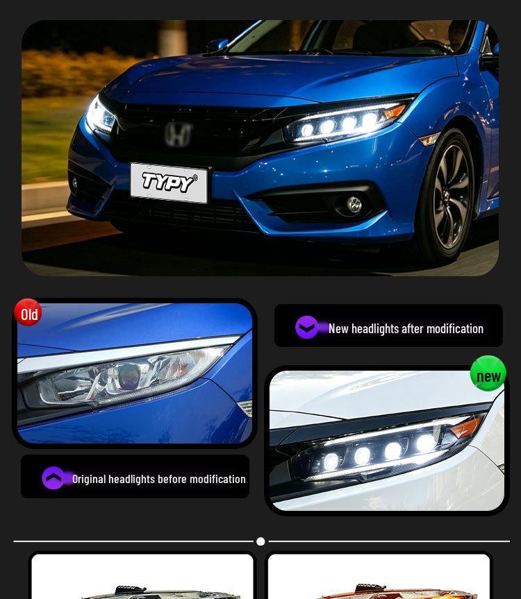 Compatible LED Projector Headlights with DRL and Flowing Turn Signals for 2016–2021 10th Gen Civic.