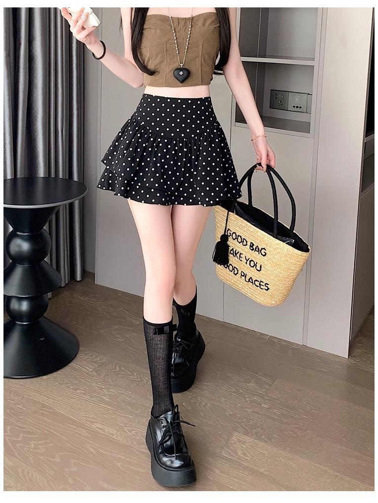Women's Elegant Black Polka Dot A-Line Chiffon Skirt - Petite, High-Waisted, Summer Skirt Pants