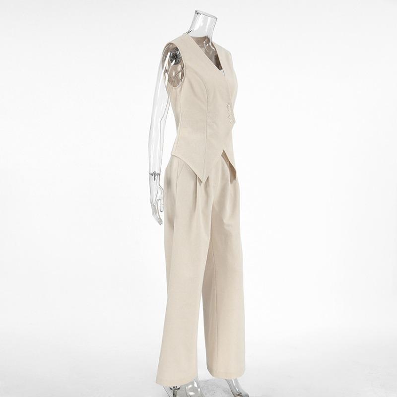 Women's Cotton and Hemp Fabric Set Commuting 2-piece Set V-neck Vest+Loose Wide Leg Pants New Fashion Spring Summer
