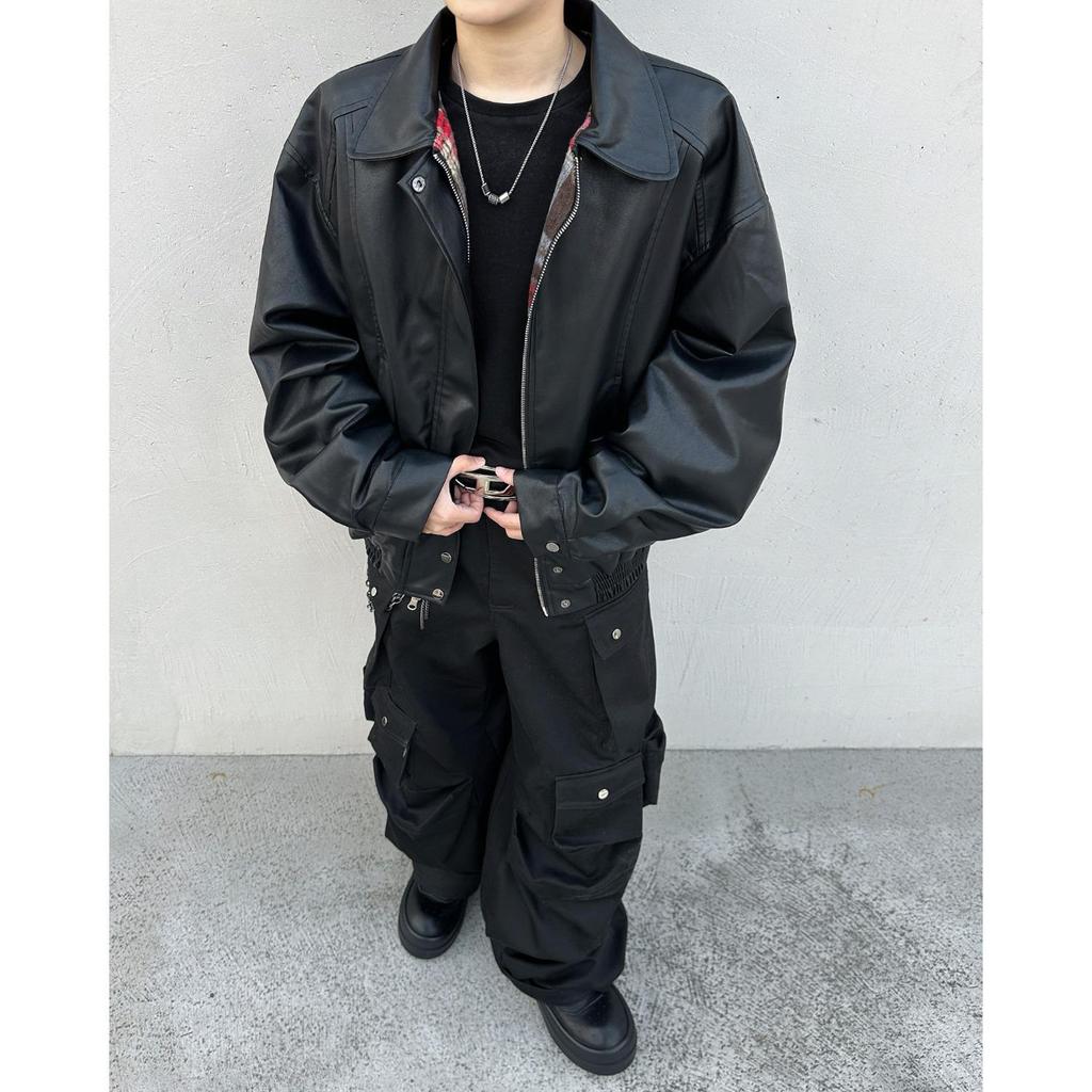 Men's Retro Loose Plaid Reversible PU Leather Jacket - Trendy American Spring/Autumn Outerwear