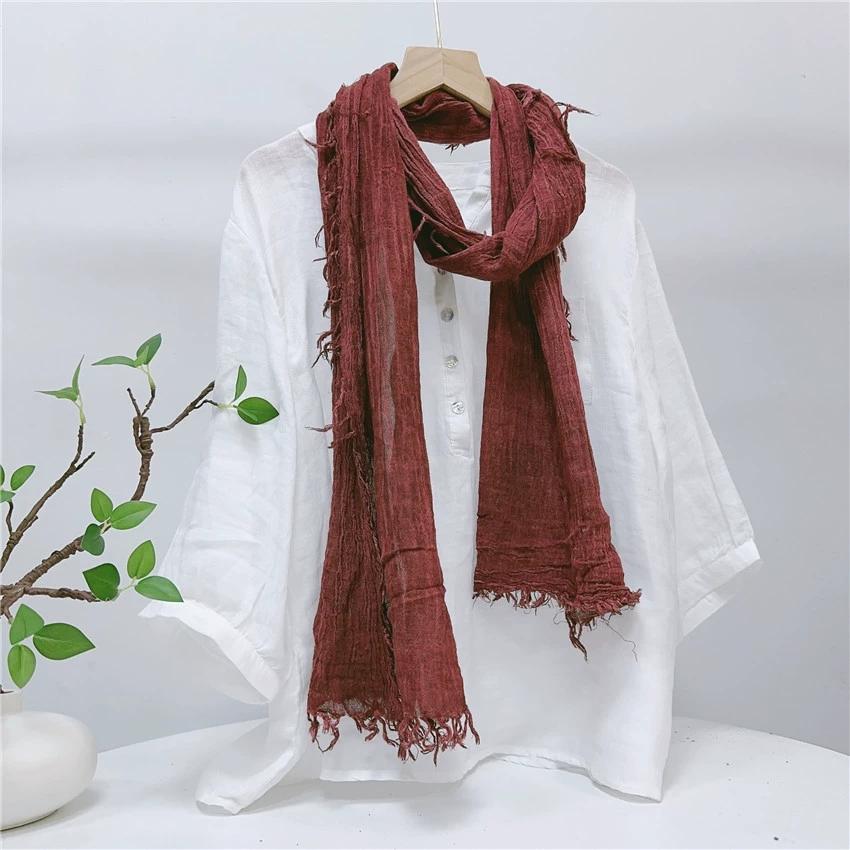 Retro Fluffy Edges Cotton Scarf Personality Wrinkle Design Slender Spring Summer Long Scarves