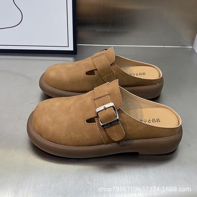 Half Tray Women's 2024 Spring New Round Head Buckle with Soft Bottom Soft Surface Bag Head Comfortable Slippers One Pedal Women's Shoes