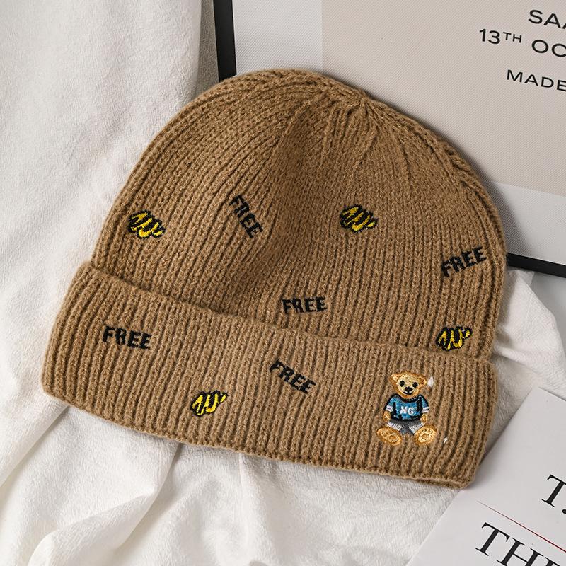 Hat Female Autumn and Winter Wool Hat Versatile Embroidered Letter Knitted Outdoor Riding Warm Cute Bear Pullover Hat