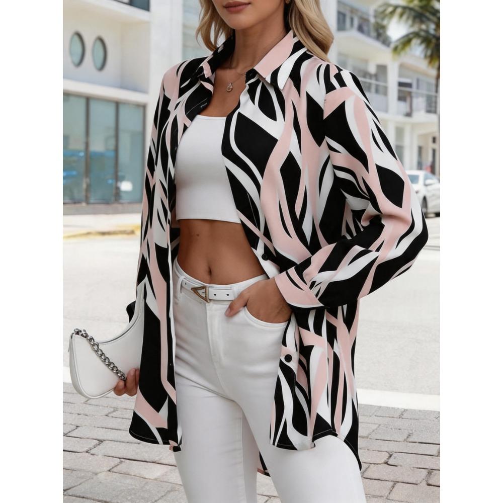Abstract Print Loose Fit Collared Shirt Women's Design Sensation Pink Black White Single Button Mid-Length Open Cardigan Shirt