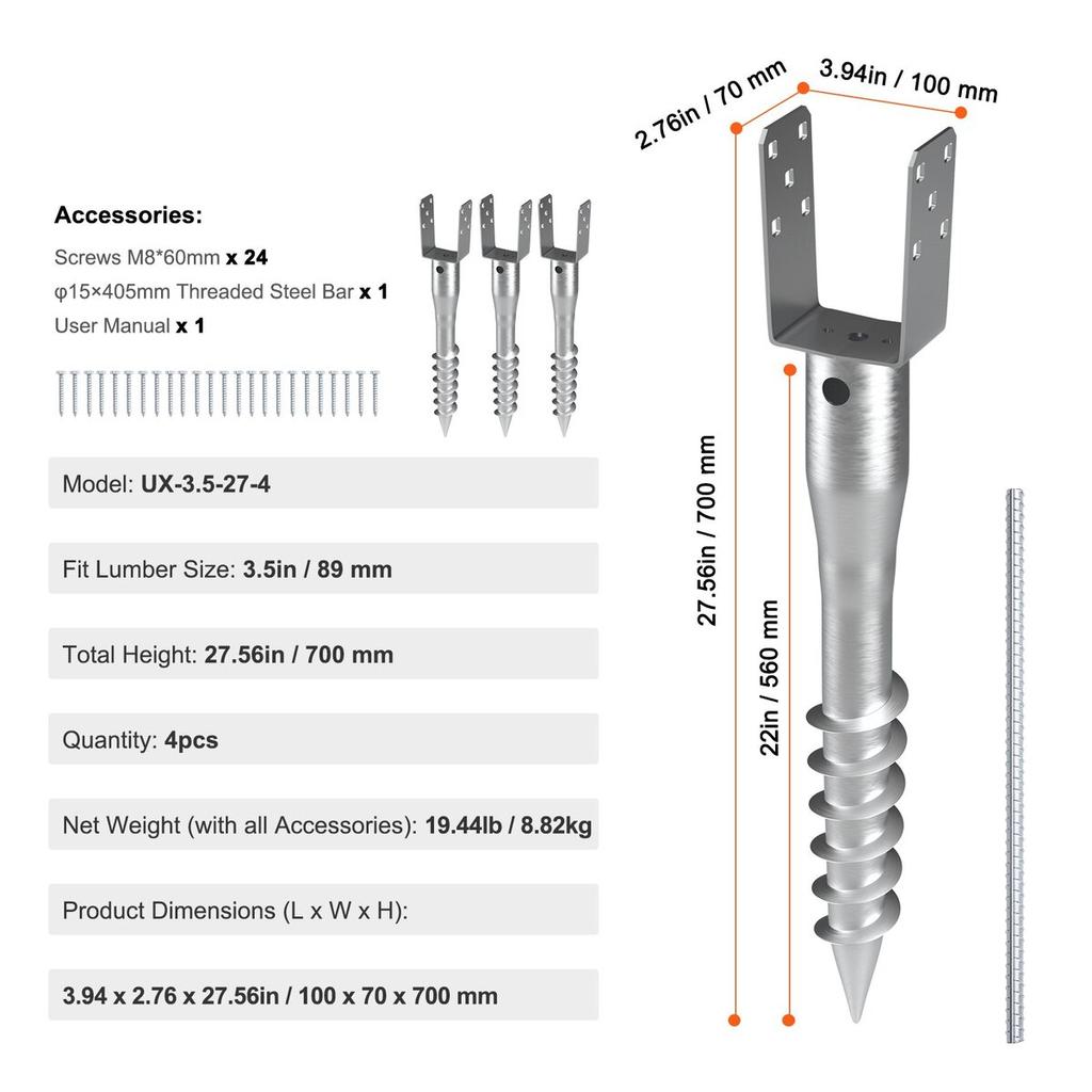 No Dig Ground Anchor, 4 Pack 3.94 X 2.76 X 27.56 In DIY Screw In Post Stake, Includes 6 Lag Bolts & a Rebar, U-Shape Heavy Duty Steel Post Holder,