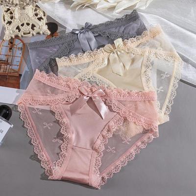 "Low Waist French Lace Satin Mesh Transparent White Panties for Women"