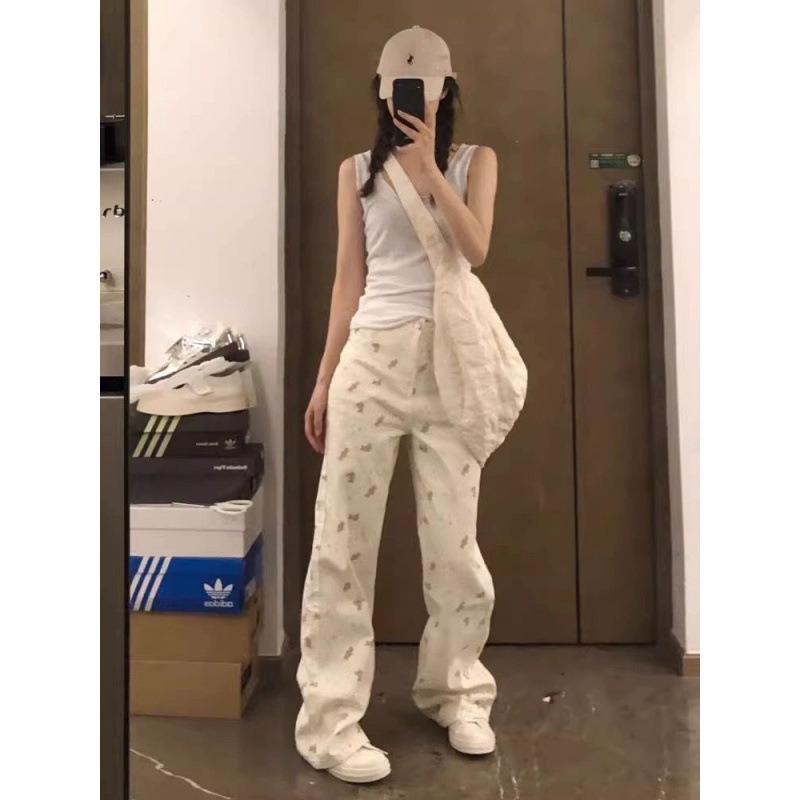 American High Street Bear Floral Jeans Women's New Cartoon Straight Loose Draping Floor-Mopping Wide Legs