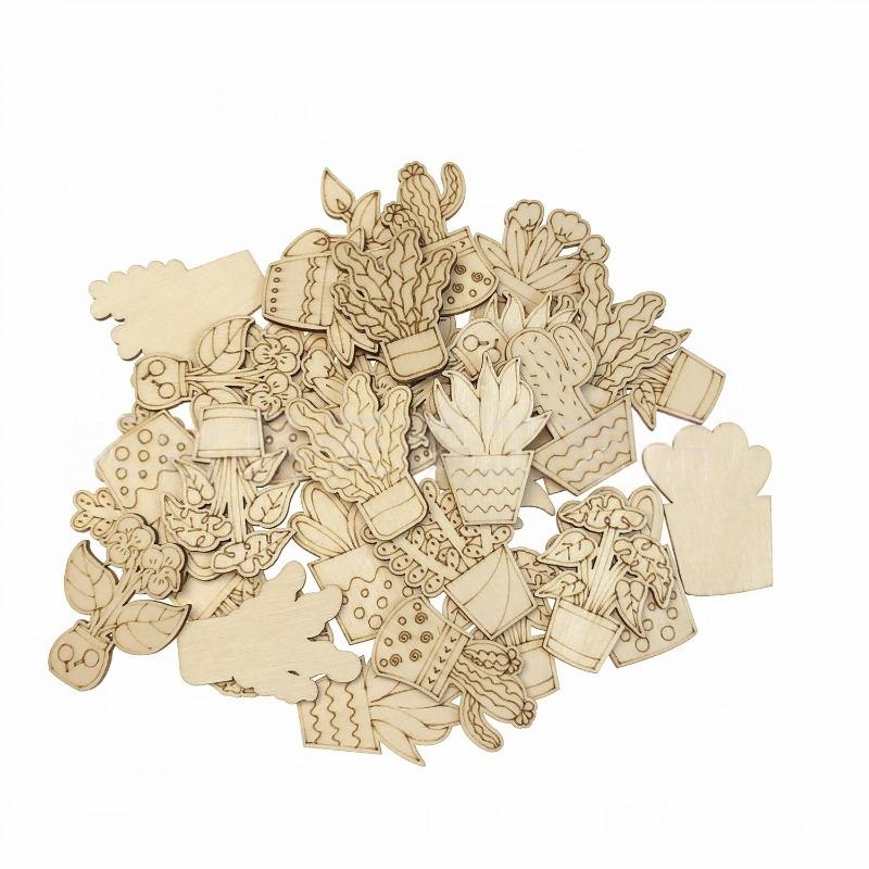 

50PCS Mixed Styles Flower Cactus Potted Theme Undyed Wood Cutout Charms Spring Floral Desert Wood Slices for DIY Printing 38mm(1.5inch)