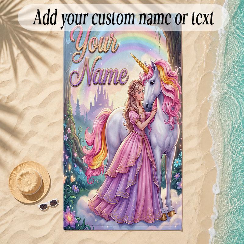 Unicorn Theme Soft Beach Towel Personalized Custom Name Text Towel Portable for Beach Pool Travel