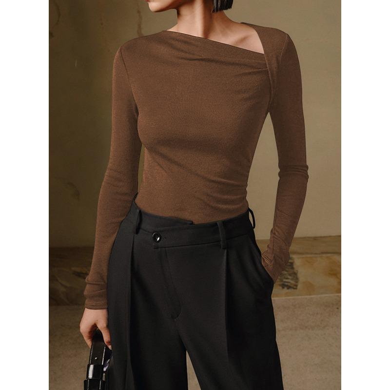Women's Sexy Slant Neck Long Sleeve Solid Colour Inner Temperament Elegant Top
