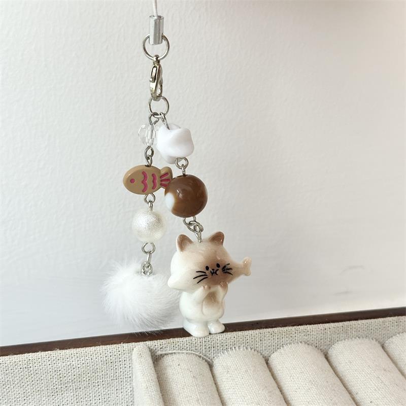 Cute Kitten Cat Fur Ball Bead Keychain Pendant Star Fish Charm Lanyard Girl Phone Chain Lovely Backpack Bag Ornament Couple Gift