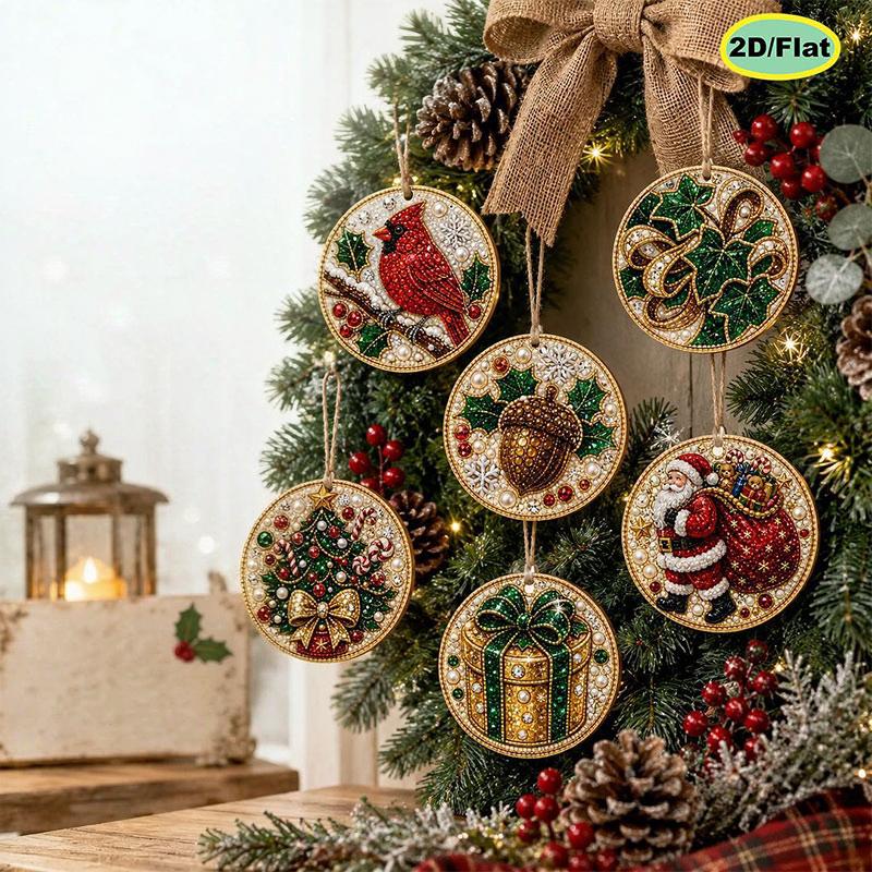 6pcs DIY Pearl Diamond Painting 2D Combination Set Animal Pattern Wooden Christmas Tree Pendant Holiday Party Artware Decoration