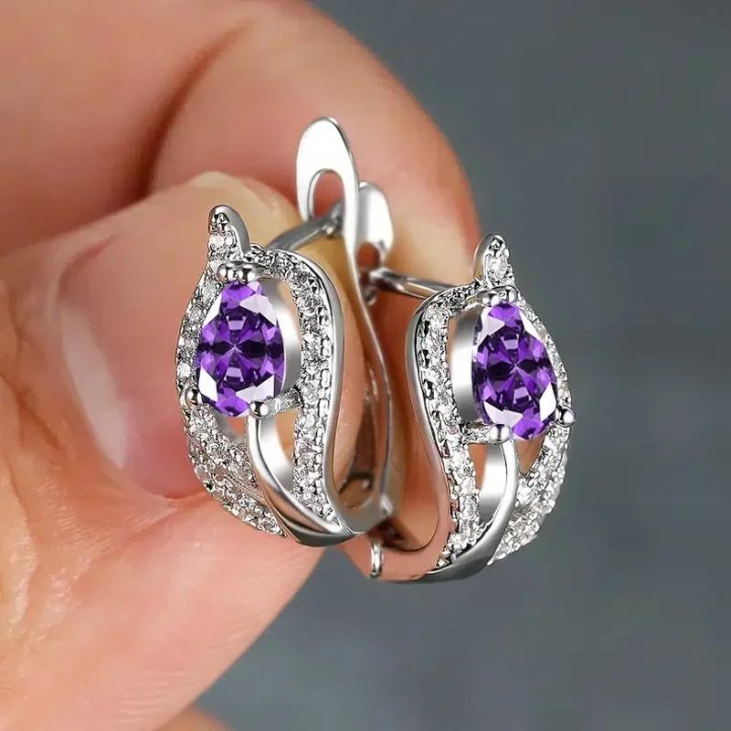 Elegant Multicolored Cz Hoop Earrings For Women Charming Purple Temperament Design Female Ear Jewelry Accessory For Wedding