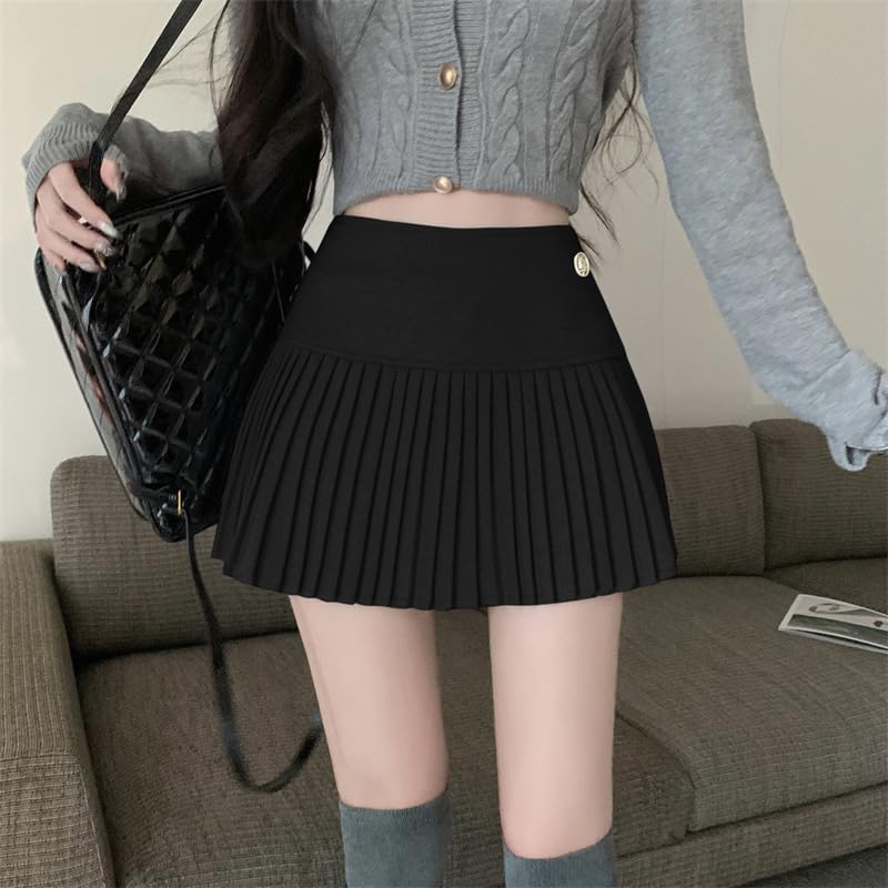 Syvent Black Pleated Mini Mini Solid High Sizes 12F001 Skirt, A-Line, Length, Color, Waist, Cute, Casual, S, M, L, XL, Women's, Spring, Summer,