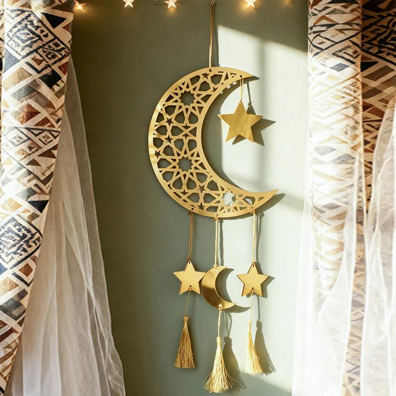 Islámský Ramadan Eid Mubarak Dřevěná Nástěnná Dekorace Zlatý Akrylový Měsíc Hvězda Lucerna Třásně Závěsné Ozdoby pro Muslimský Domov Večírek Dárek